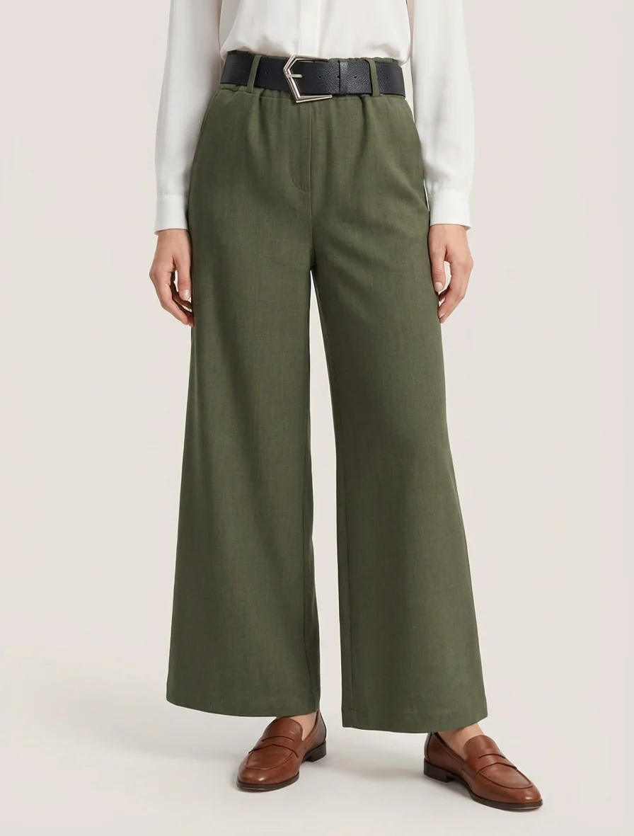 Wijde effen broek met hoge taille - Kaki - Image 4