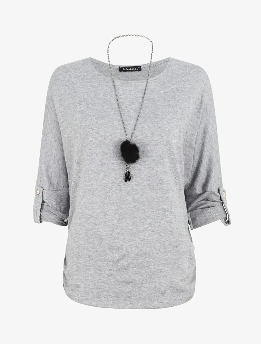 Effen ruime trui met ketting - Lichtgrijs