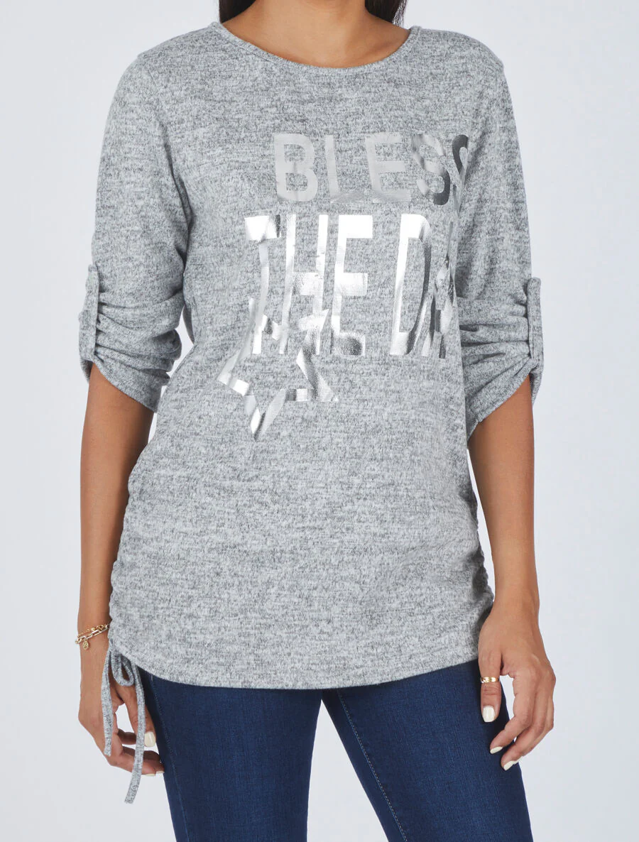 Wijde pullover met bedrukking Bless the da - Grijs gemĂȘleerd - Image 4