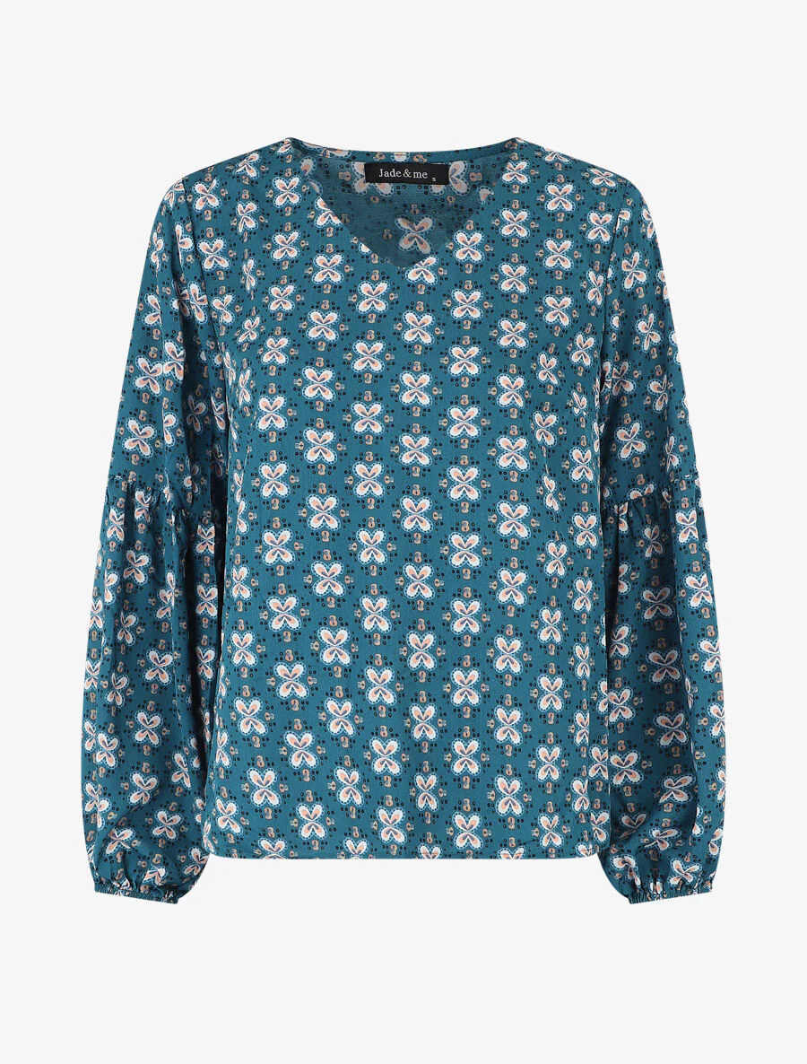 Wijde top met V-hals met bloemenprint - Blauwgroen