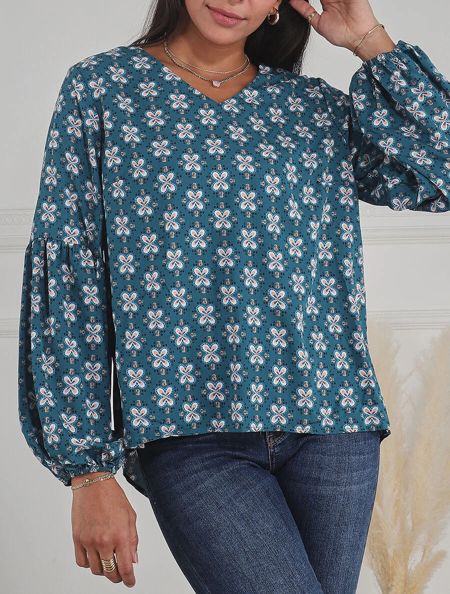Wijde top met V-hals met bloemenprint - Blauwgroen - Image 4