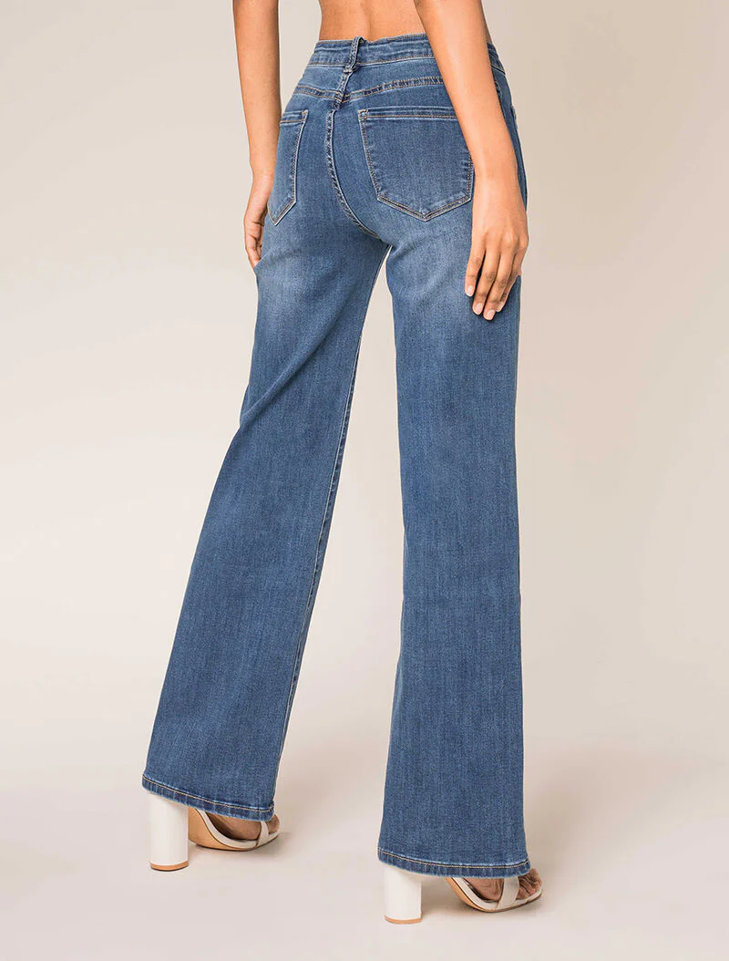 Wijde. verbleekte jeans met opgestikte zakken aan de voorkant - blauw denim - Image 2