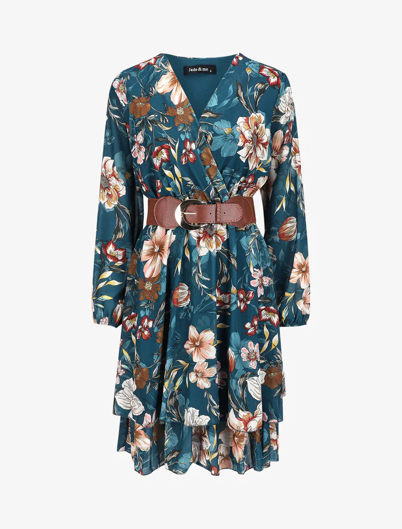 Wikkeljurk met bloemenmotief - Blauwgroen