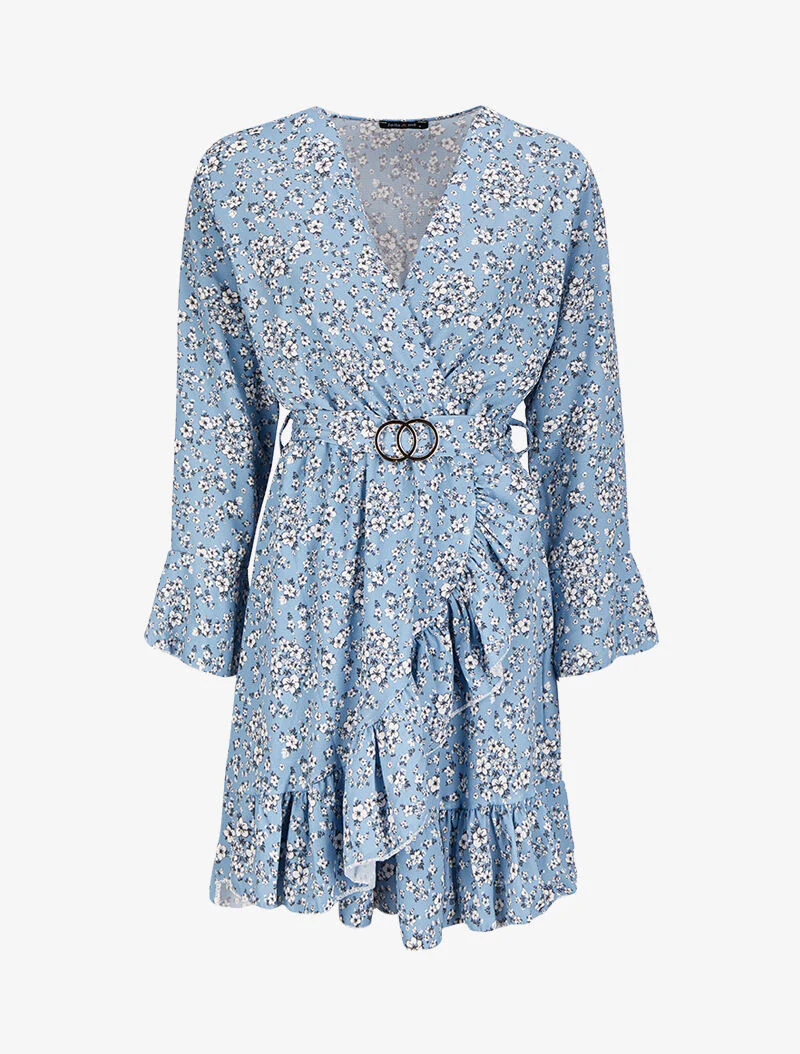 Wikkeljurk met ruches en kleine bloemenprint - Lichtblauw