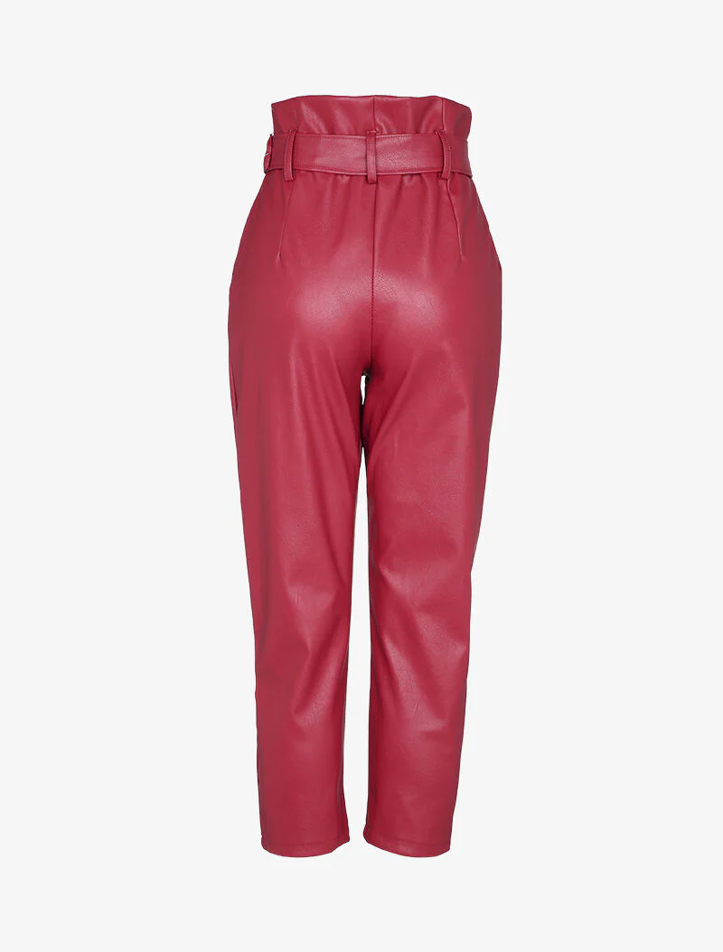 Wortelbroek met geplooide empire taille in imitatieleer - Rood - Image 2