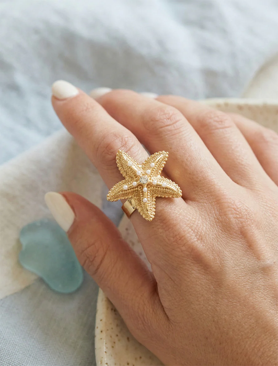Zee ster ring met parels en strass - Goud