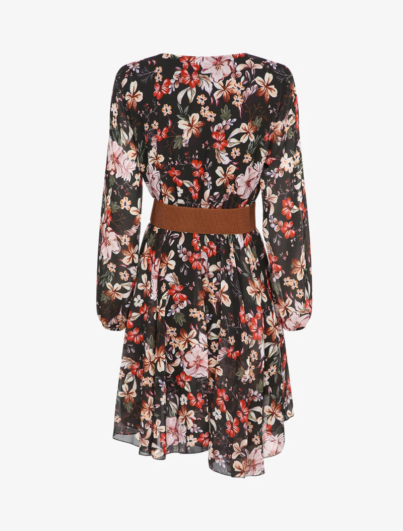 Zwarte skaterjurk met herfstbloemenprint en ronde hals - Zwart - Image 2